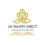 Official logo for UK Pantry Direct featuring an elegant gold lotus leaf icon above the text UK Pantry Direct Premium Spices and Ingredients.